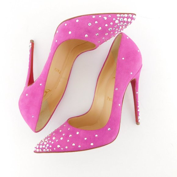 CHRISTIAN LOUBOUTIN Crystal Embellished Pink Suede Leather Stiletto Heels 37 - Picture 5 of 8